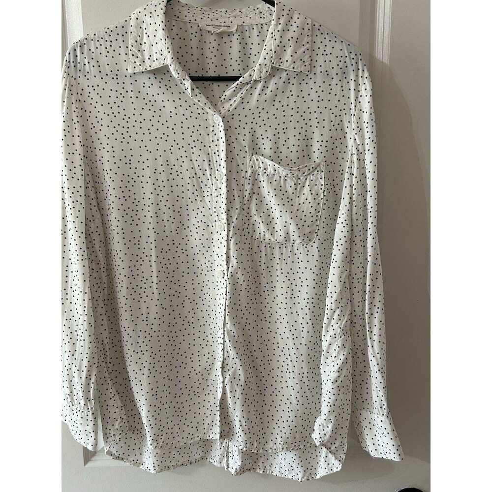 Beachlunchlounge Size M White Black Polka Dot Button Down Shirt Career Classic